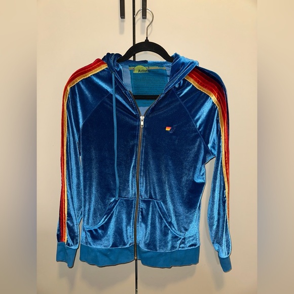 Aviator Nation Classic Velvet Zip Blue Rainbow Stripes Hoodie Size Small - Picture 1 of 4